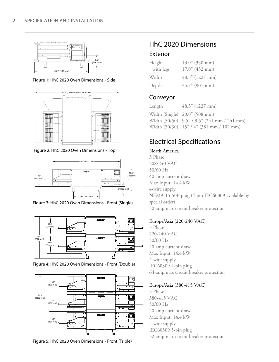 Hhc 2020 dimensions, Electrical specifications, Exterior | Conveyor, Specification and installation | TurboChef Technologies High h Conveyor 2620 EN User Manual | Page 10 / 36