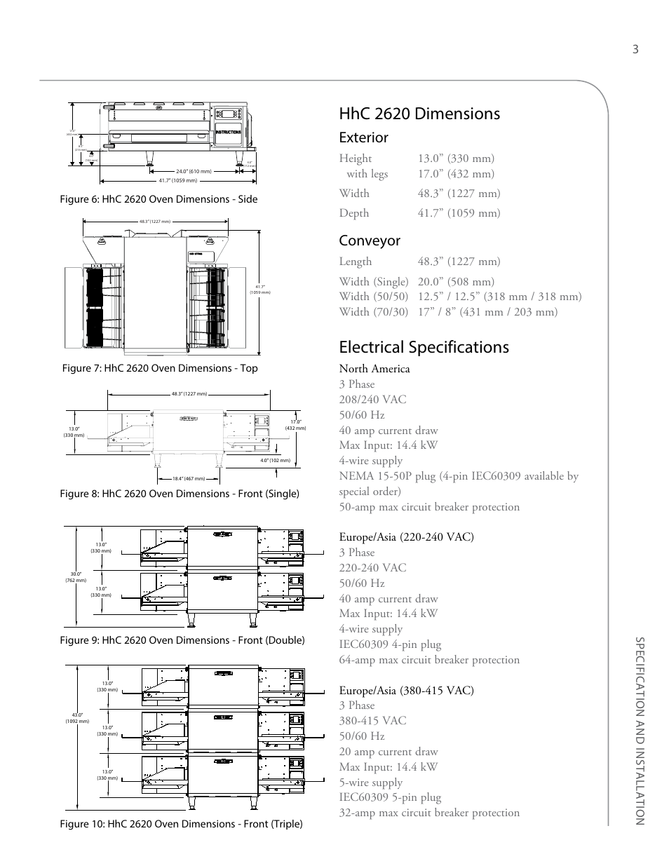 Hhc 2620 dimensions, Electrical specifications, Exterior | Conveyor, Specification and installation | TurboChef Technologies High h Conveyor 2620 EN User Manual | Page 11 / 36