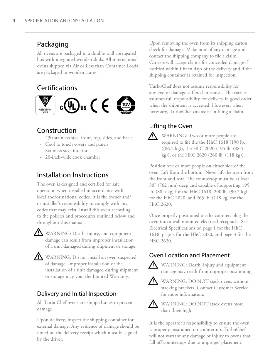 Packaging, Certifications construction, Installation instructions | TurboChef Technologies High h Conveyor 2620 EN User Manual | Page 12 / 36