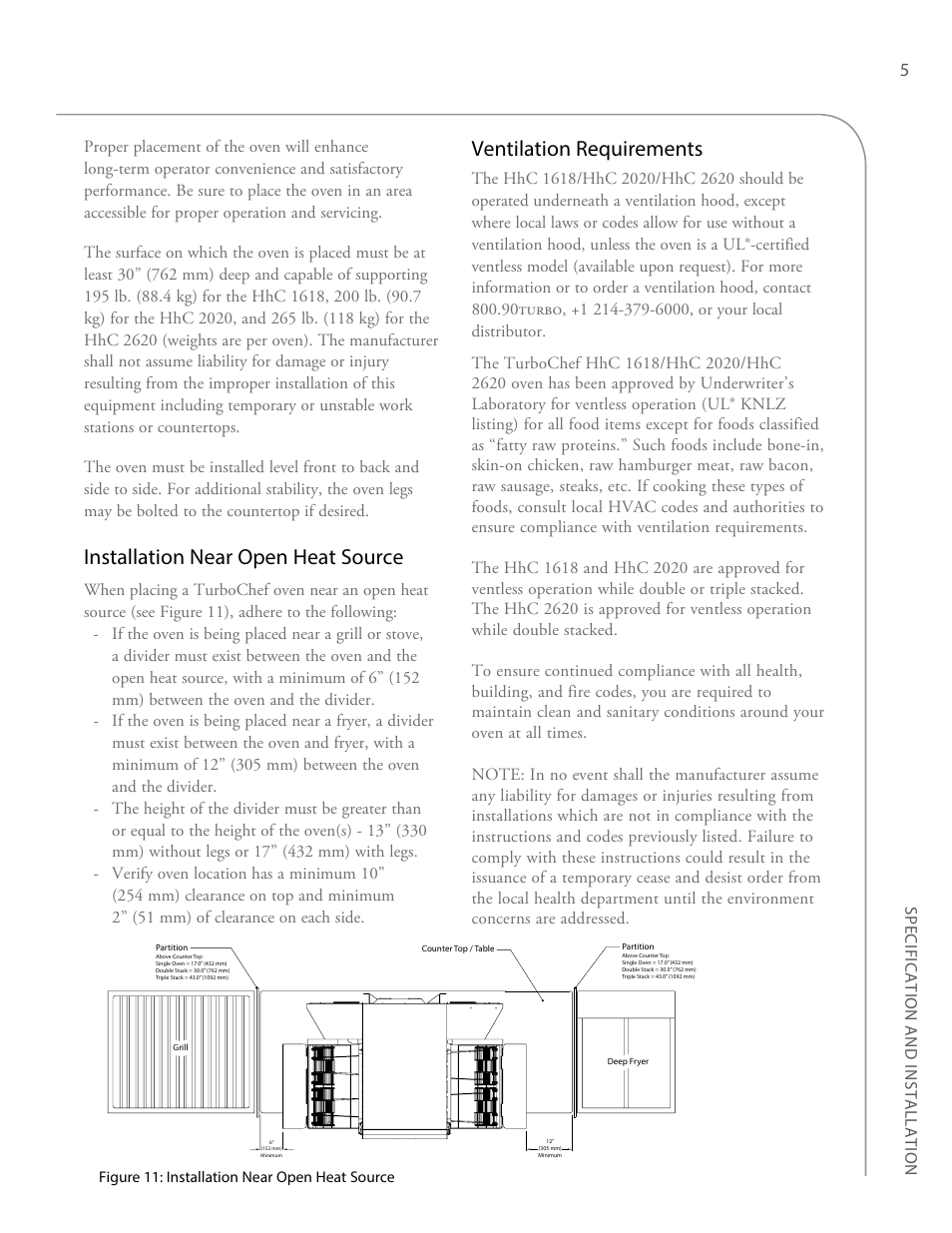 Installation near open heat source, Ventilation requirements | TurboChef Technologies High h Conveyor 2620 EN User Manual | Page 13 / 36