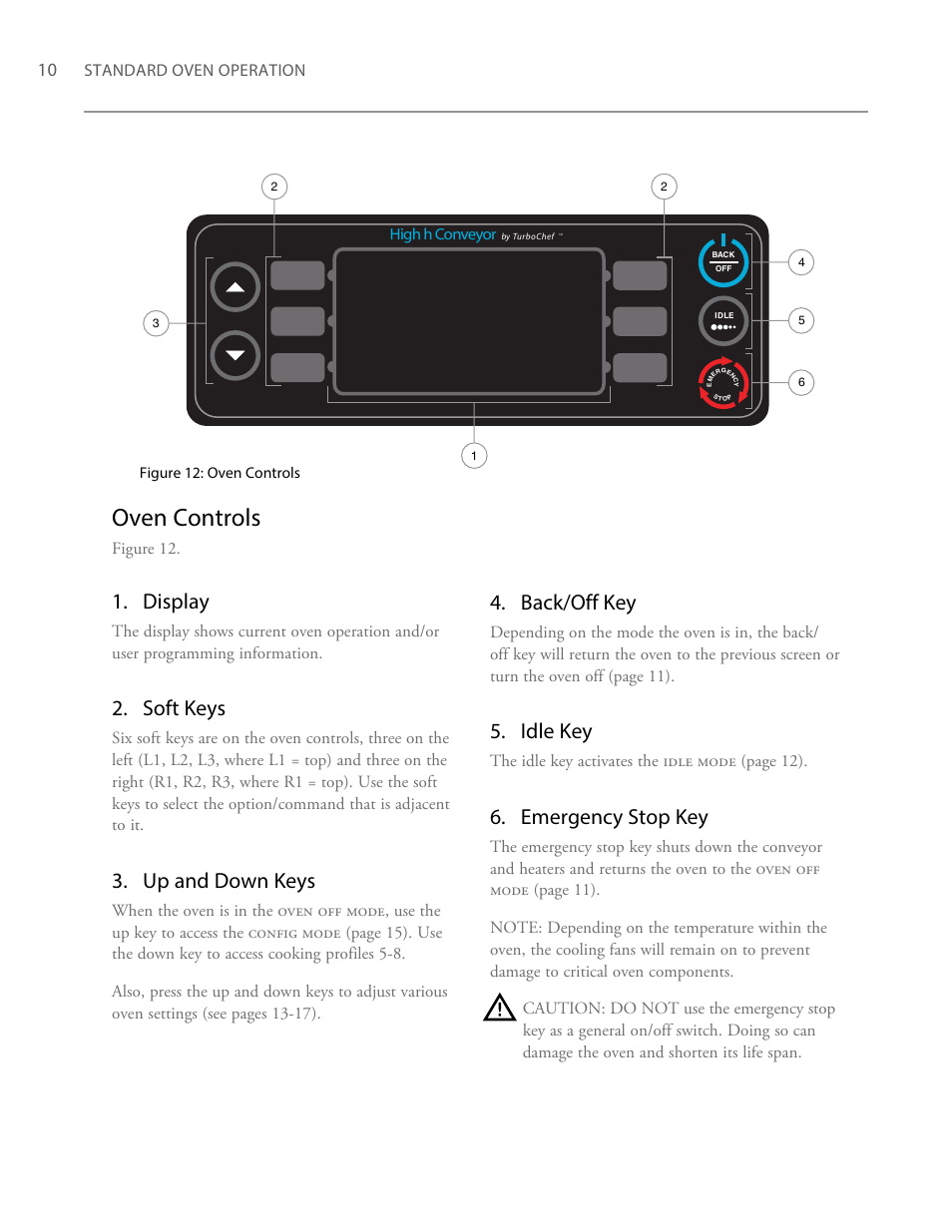 Oven controls, Display, Soft keys | Up and down keys, Back/off key, Idle key, Emergency stop key, Standard oven operation, Figure 12, The idle key activates the idle mode (page 12) | TurboChef Technologies High h Conveyor 2620 EN User Manual | Page 18 / 36