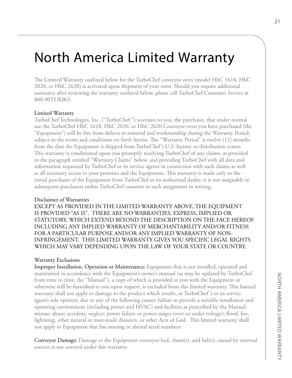 North america limited warranty | TurboChef Technologies High h Conveyor 2620 EN User Manual | Page 29 / 36