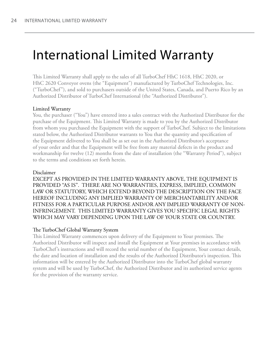 International limited warranty | TurboChef Technologies High h Conveyor 2620 EN User Manual | Page 32 / 36