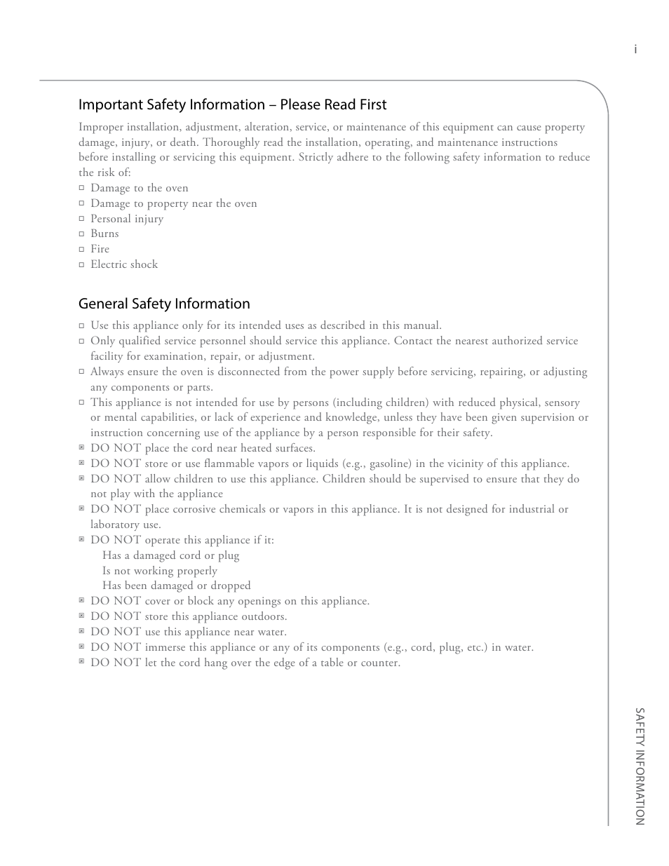 Important safety information – please read first, General safety information | TurboChef Technologies High h Conveyor 2620 EN User Manual | Page 7 / 36