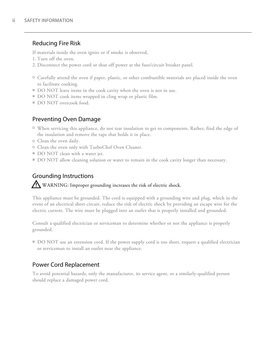 Reducing fire risk, Preventing oven damage, Grounding instructions | Power cord replacement | TurboChef Technologies High h Conveyor 2620 EN User Manual | Page 8 / 36