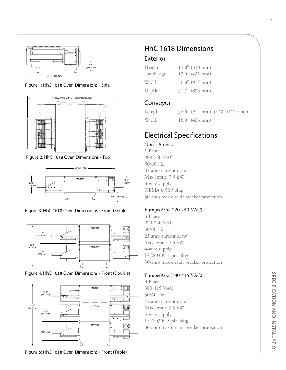 Hhc 1618 dimensions, Electrical specifications, Exterior | Conveyor, Specification and installation | TurboChef Technologies High h Conveyor 2620 EN User Manual | Page 9 / 36
