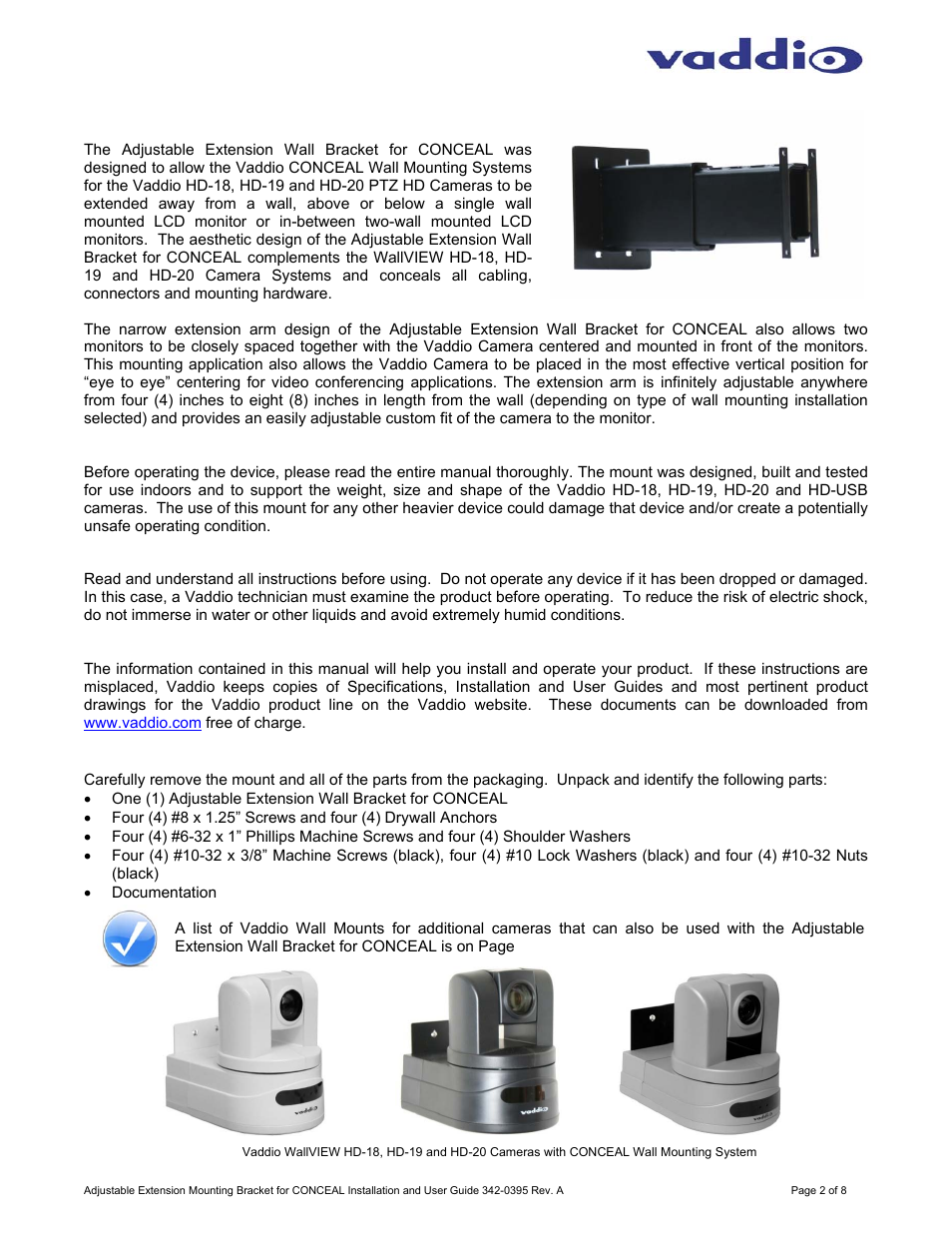 Vaddio Adjustable Extension Wall Bracket for CONCEAL User Manual | Page 2 / 8