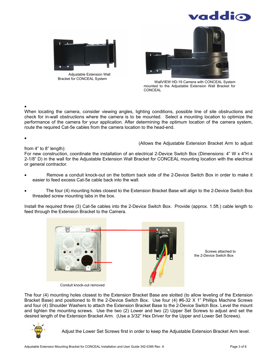 Vaddio Adjustable Extension Wall Bracket for CONCEAL User Manual | Page 3 / 8