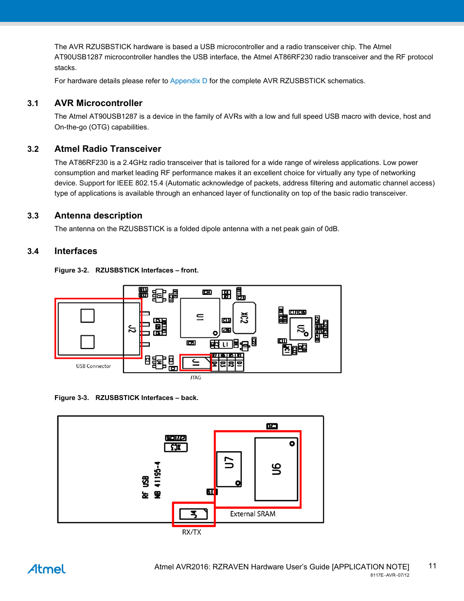 1 avr microcontroller, 2 atmel radio transceiver, 3 antenna description | 4 interfaces, Avr microcontroller, Atmel radio transceiver, Antenna description, Interfaces | Atmel AVR2016 User Manual | Page 11 / 25