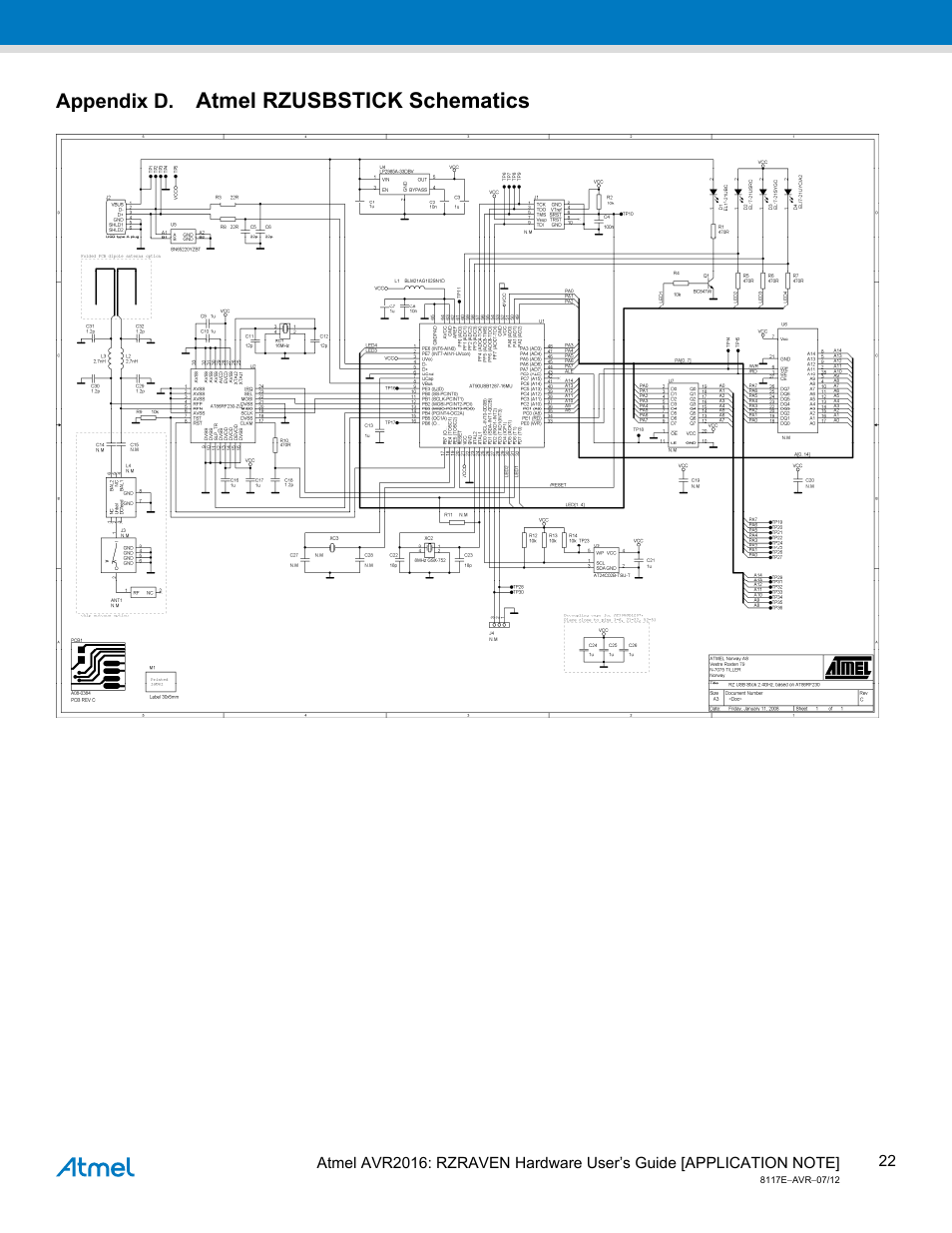 Appendix d. atmel rzusbstick schematics, Appendix d, Atmel rzusbstick schematics | Atmel AVR2016 User Manual | Page 22 / 25