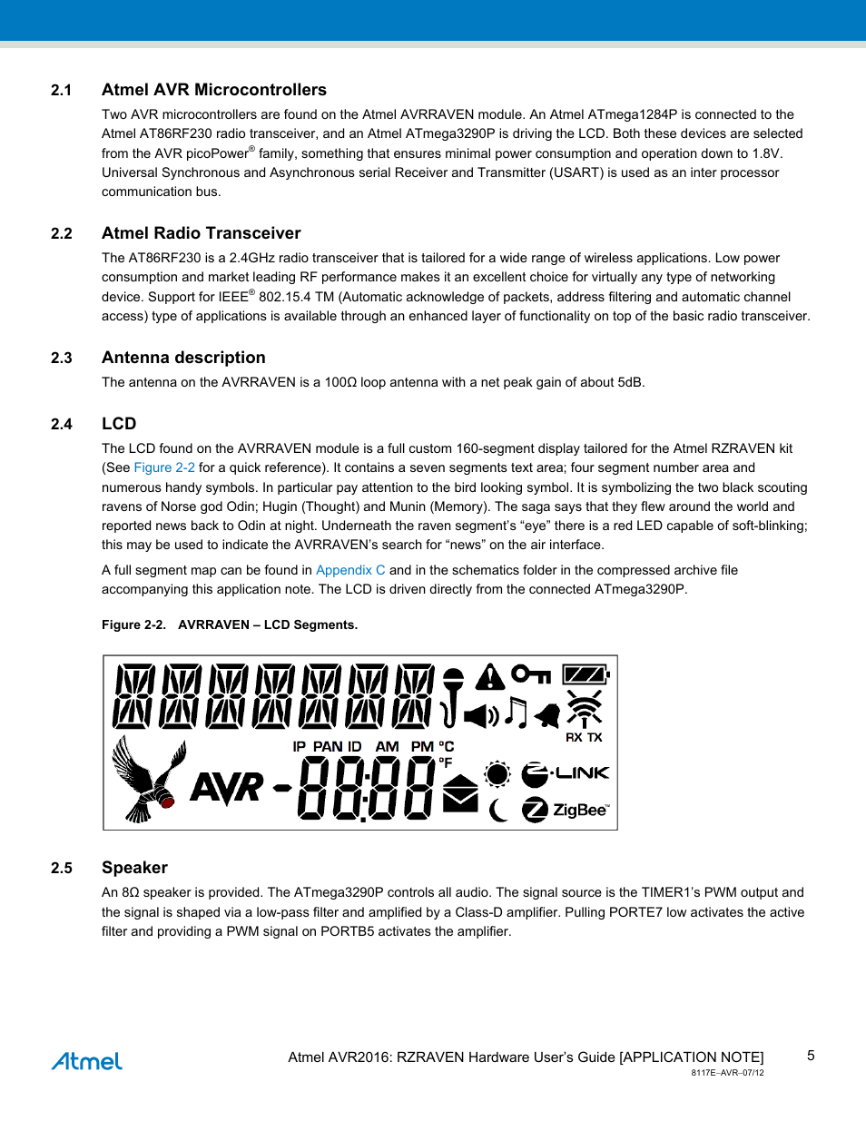1 atmel avr microcontrollers, 2 atmel radio transceiver, 3 antenna description | 4 lcd, 5 speaker, Atmel avr microcontrollers, Atmel radio transceiver, Antenna description, Speaker | Atmel AVR2016 User Manual | Page 5 / 25