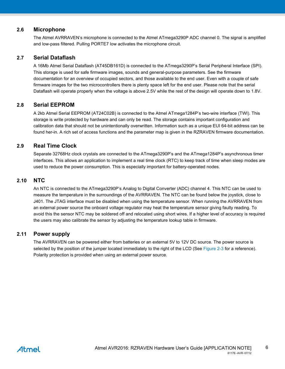 6 microphone, 7 serial dataflash, 8 serial eeprom | 9 real time clock, 10 ntc, 11 power supply, Microphone, Serial dataflash, Serial eeprom, Real time clock | Atmel AVR2016 User Manual | Page 6 / 25