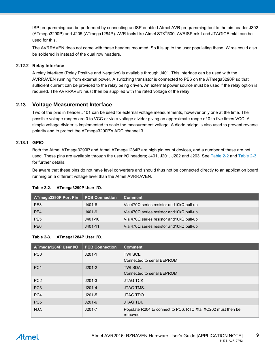 2 relay interface, 13 voltage measurement interface, 1 gpio | Relay interface, Voltage measurement interface, Gpio | Atmel AVR2016 User Manual | Page 9 / 25
