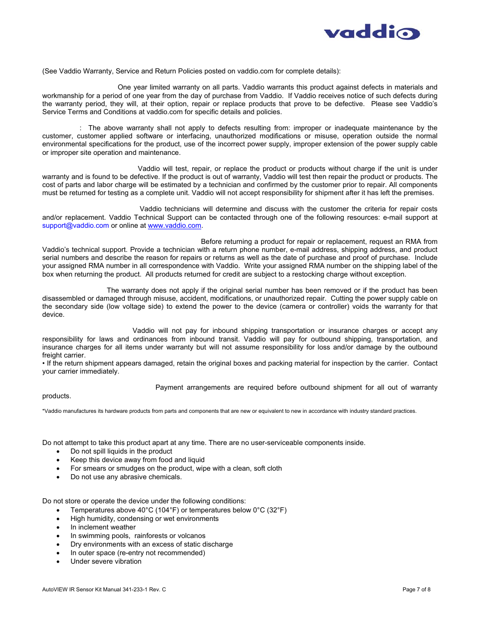 Warranty information | Vaddio AutoVIEW IR Sensor Kit User Manual | Page 7 / 8