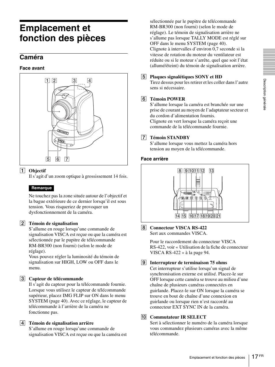 Emplacement et fonction des pièces, Caméra | Vaddio BRC-H900 Operating User Manual | Page 105 / 271