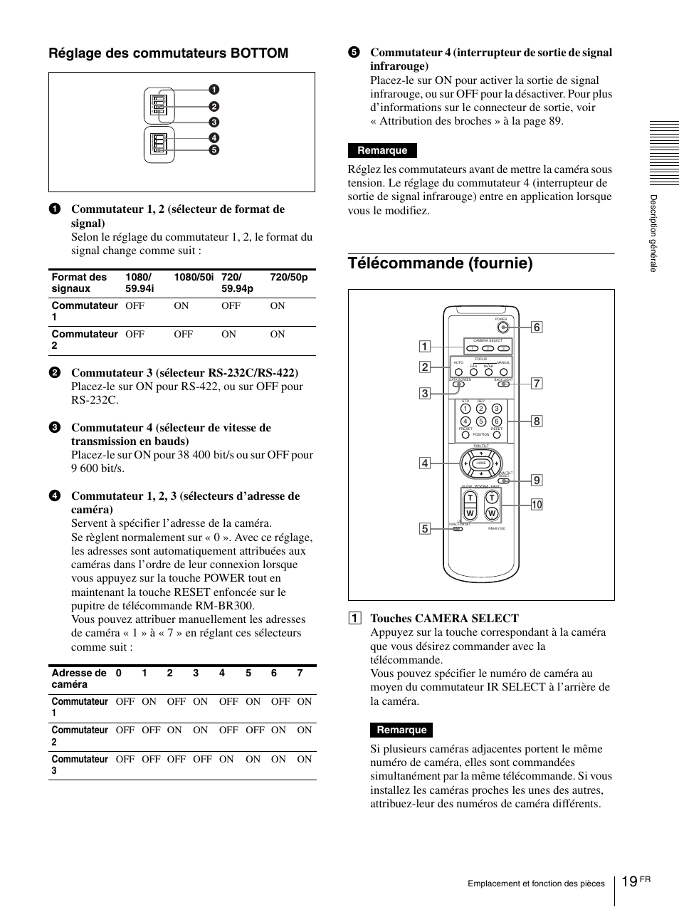 Télécommande (fournie), Réglage des commutateurs bottom | Vaddio BRC-H900 Operating User Manual | Page 107 / 271