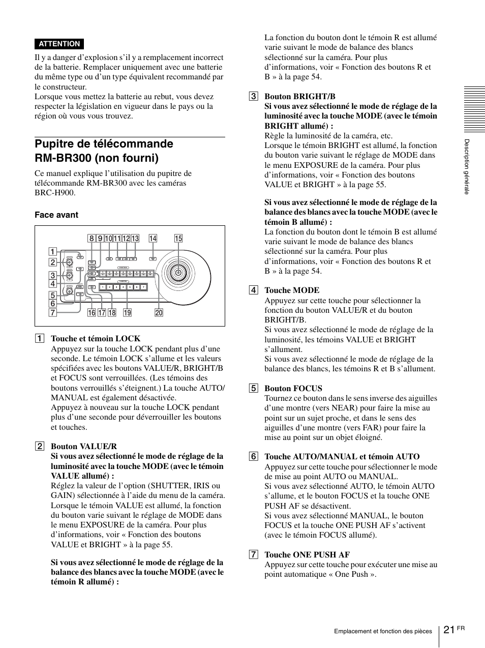 Pupitre de télécommande rm-br300 (non fourni), Pupitre de télécommande, Rm-br300 (non fourni) | Attention | Vaddio BRC-H900 Operating User Manual | Page 109 / 271