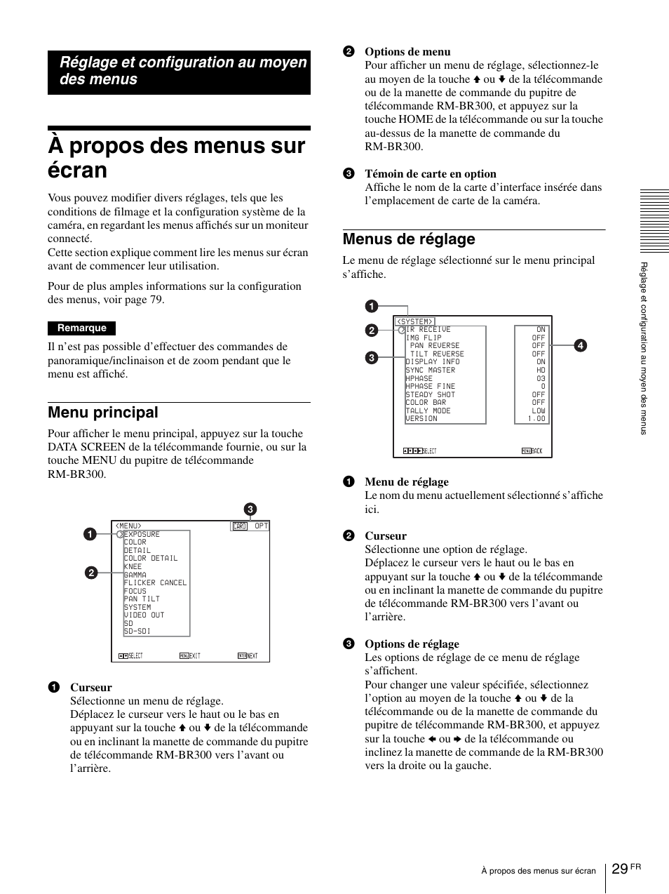 Réglage et configuration au moyen des menus, À propos des menus sur écran, Menu principal | Menus de réglage, Menu principal menus de réglage | Vaddio BRC-H900 Operating User Manual | Page 117 / 271