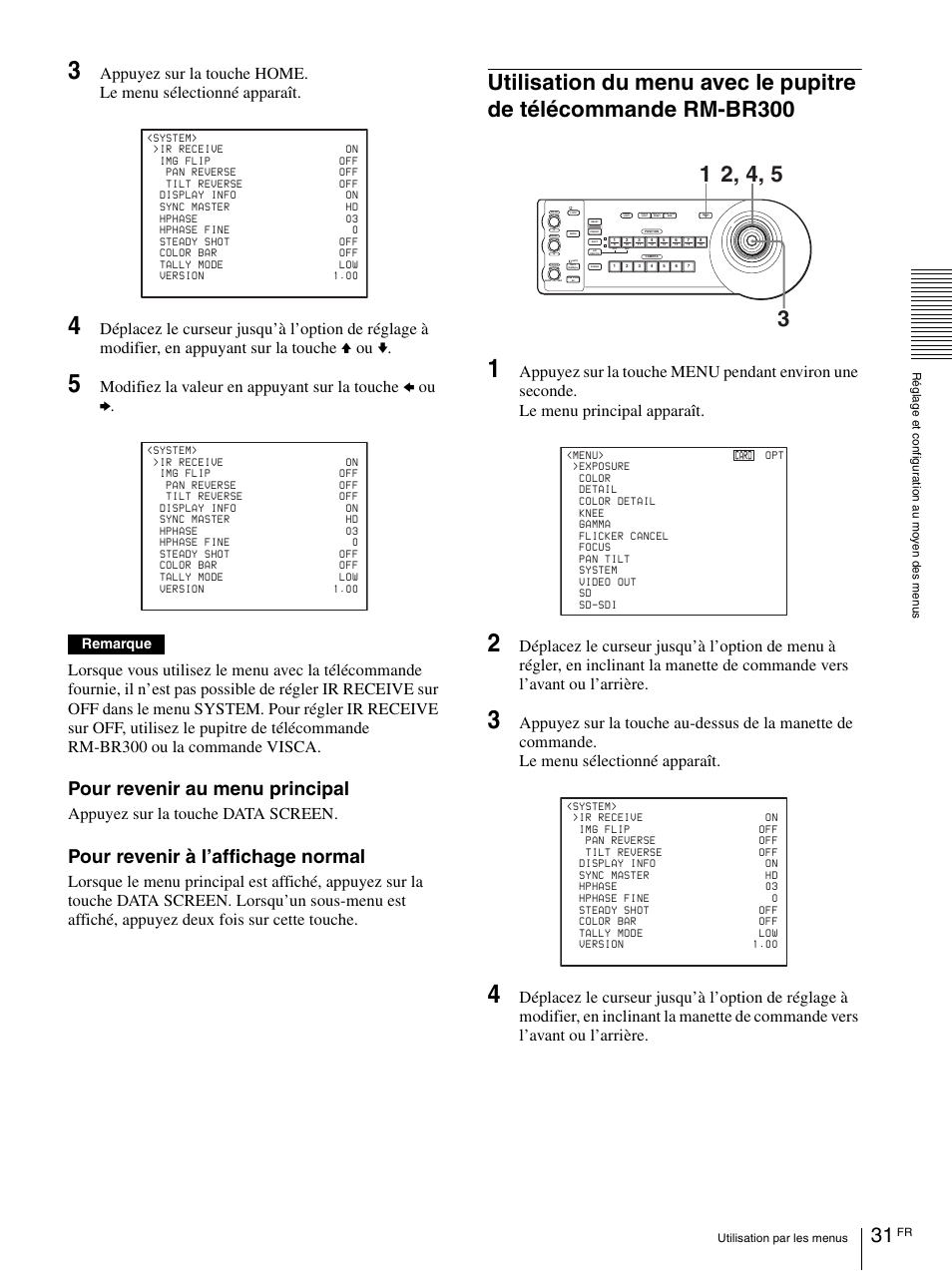 Utilisation du menu avec le pupitre de, Télécommande rm-br300, Pour revenir au menu principal | Pour revenir à l’affichage normal, Appuyez sur la touche data screen, Remarque | Vaddio BRC-H900 Operating User Manual | Page 119 / 271