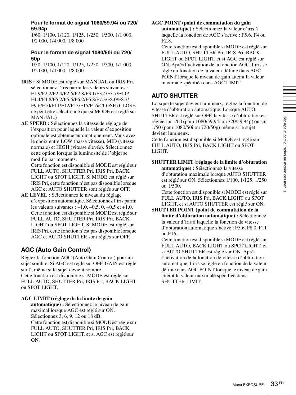Agc (auto gain control), Auto shutter | Vaddio BRC-H900 Operating User Manual | Page 121 / 271