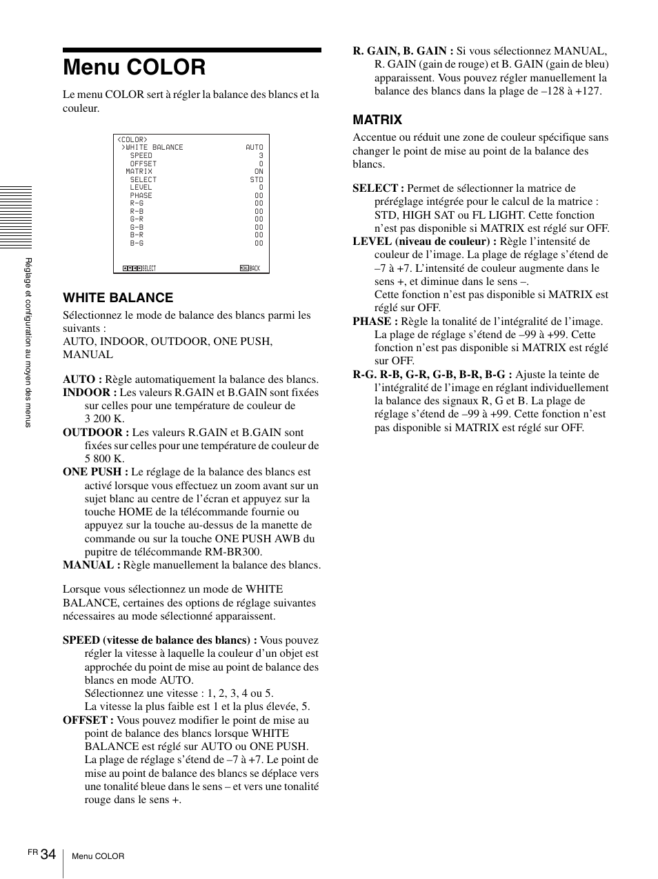 Menu color, White balance, Matrix | Vaddio BRC-H900 Operating User Manual | Page 122 / 271