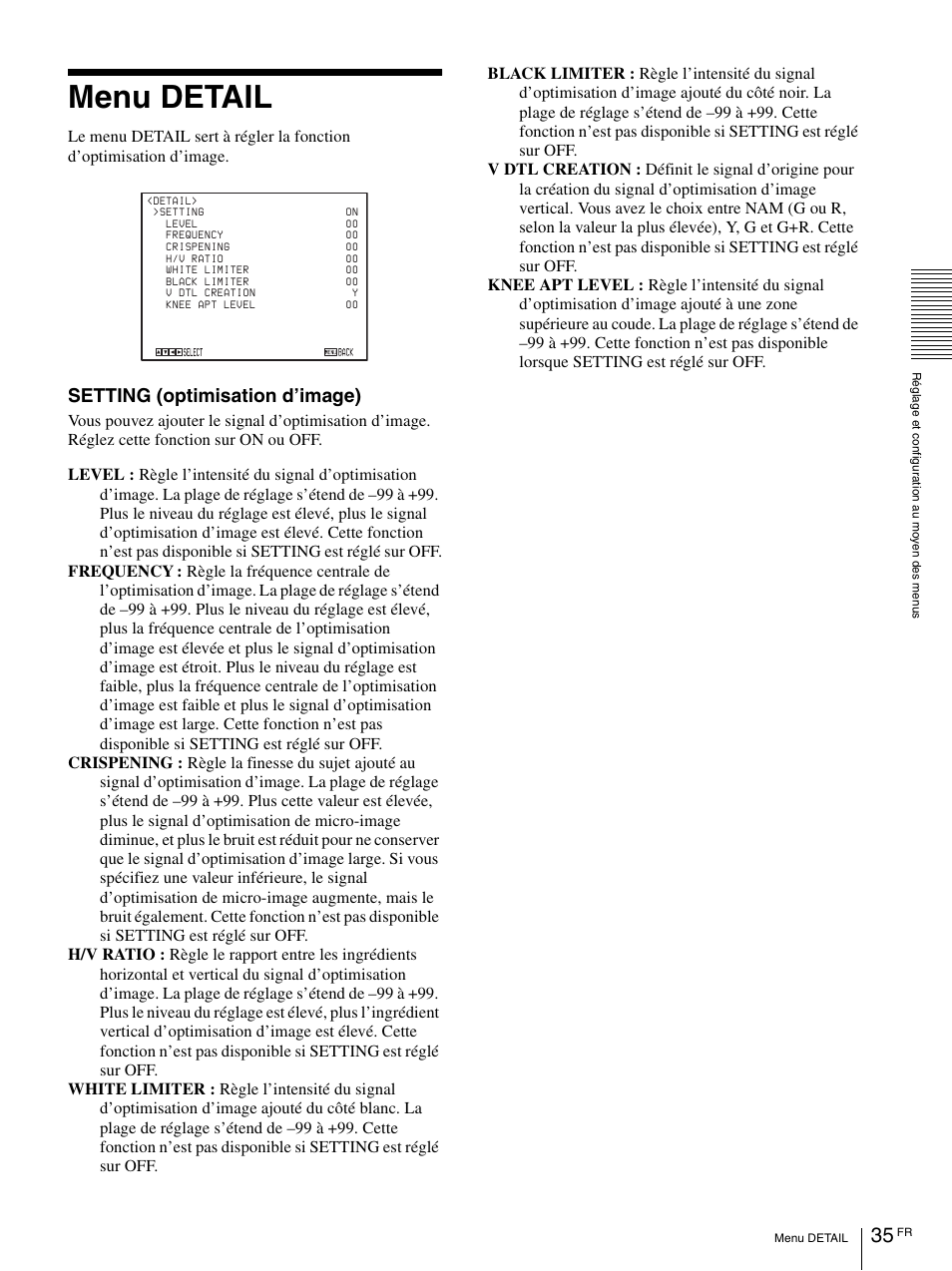 Menu detail, Setting (optimisation d’image) | Vaddio BRC-H900 Operating User Manual | Page 123 / 271