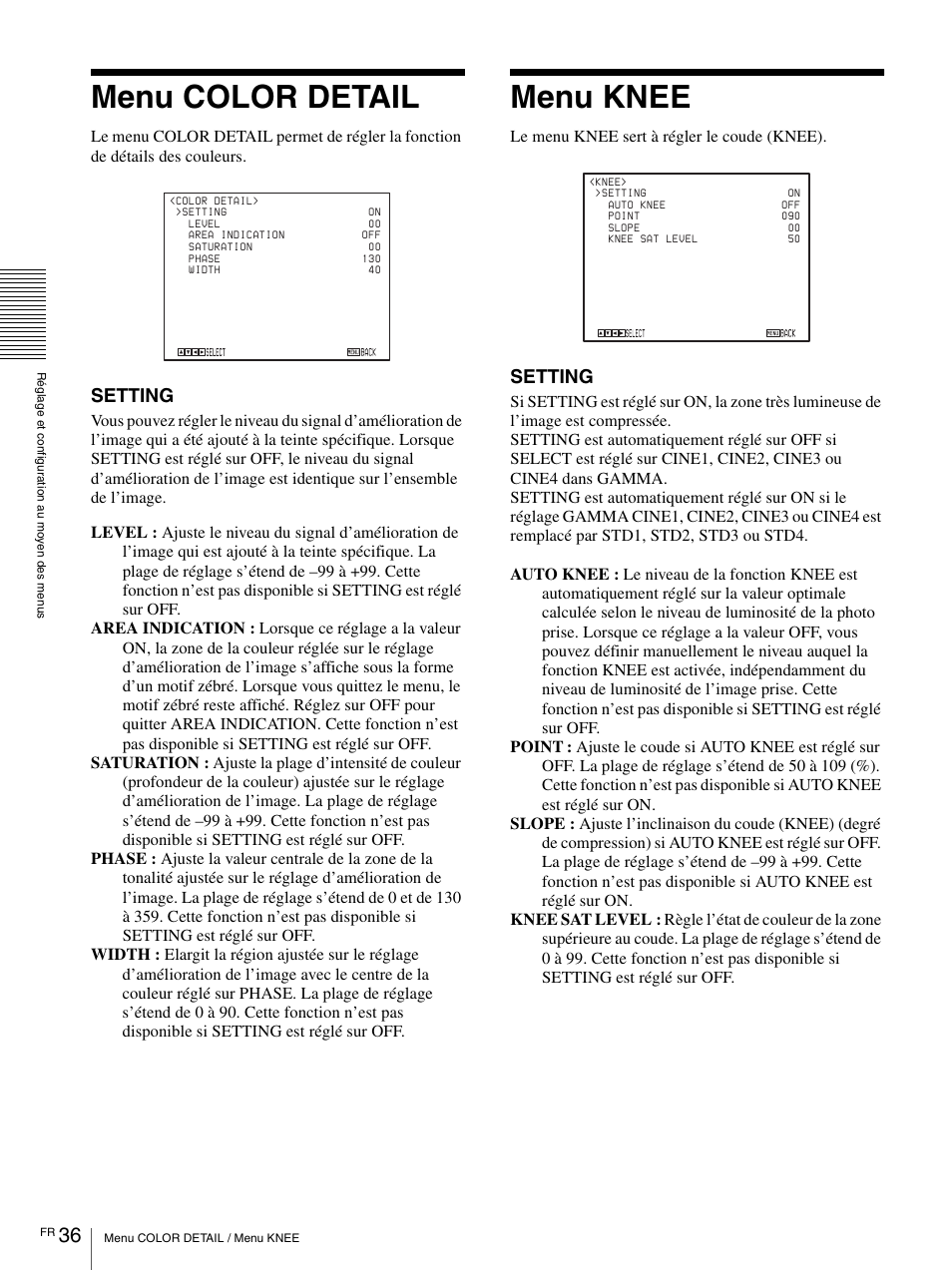 Menu color detail, Menu knee, Setting | Vaddio BRC-H900 Operating User Manual | Page 124 / 271