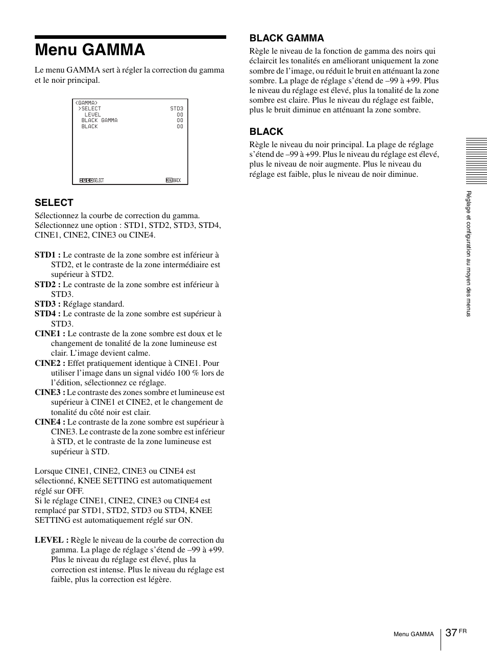 Menu gamma, Select, Black gamma | Black | Vaddio BRC-H900 Operating User Manual | Page 125 / 271