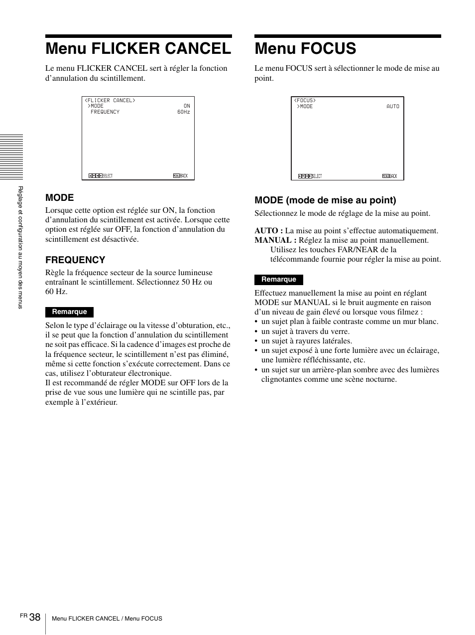 Menu flicker cancel, Menu focus, Mode | Frequency, Mode (mode de mise au point) | Vaddio BRC-H900 Operating User Manual | Page 126 / 271