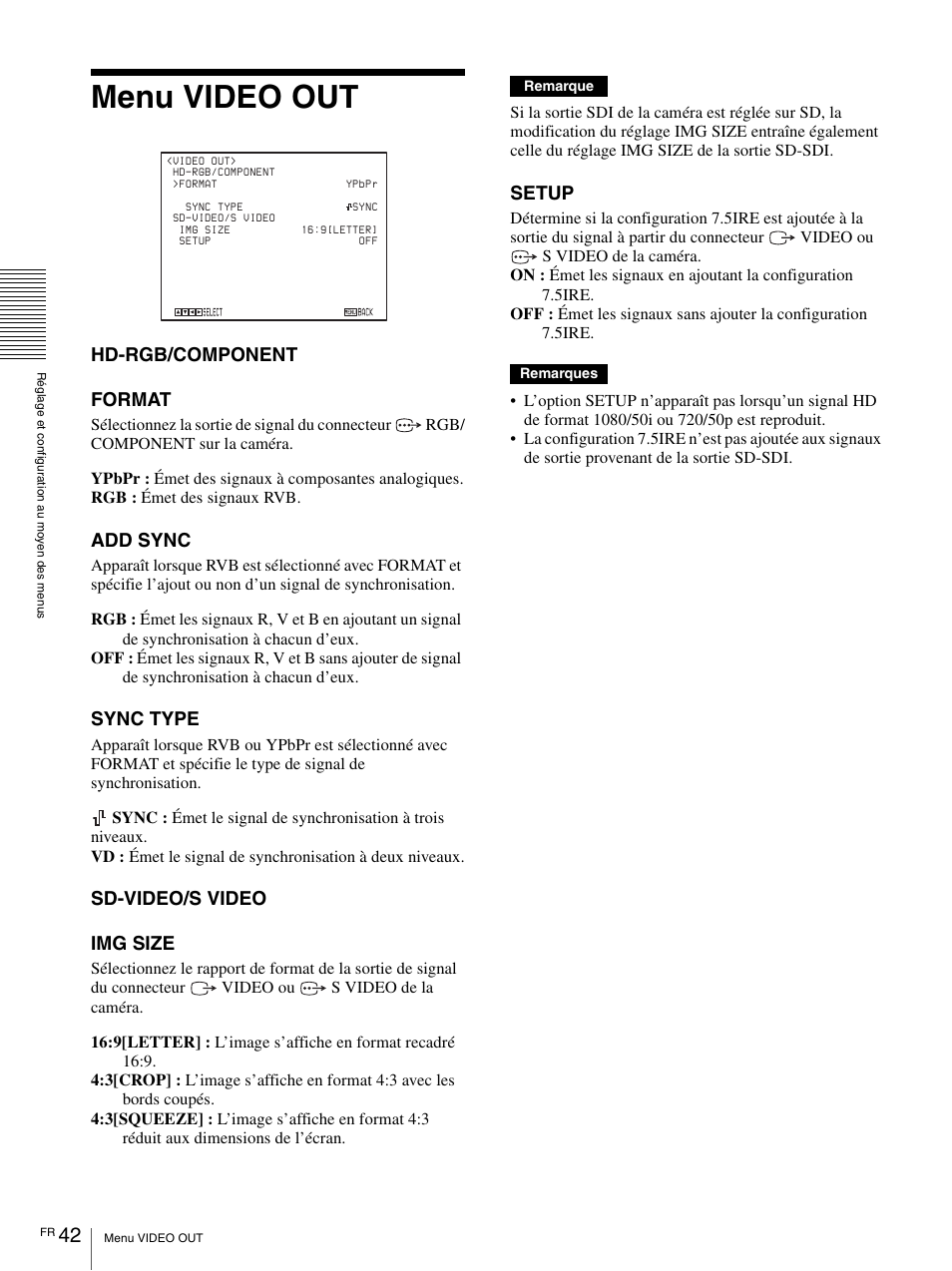Menu video out, Hd-rgb/component format, Add sync | Sync type, Sd-video/s video img size, Setup | Vaddio BRC-H900 Operating User Manual | Page 130 / 271