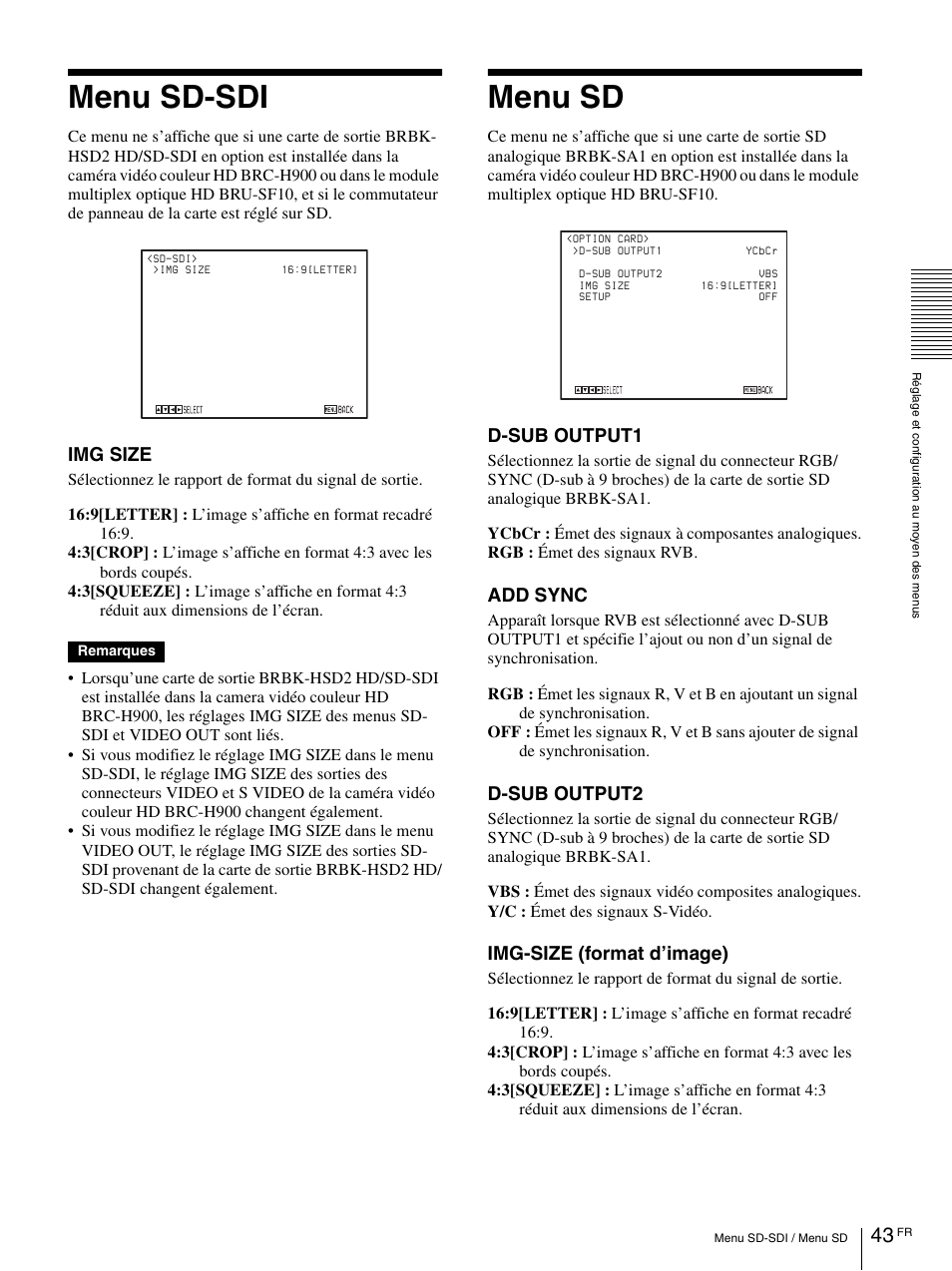 Menu sd-sdi, Menu sd, Img size | D-sub output1, Add sync, D-sub output2, Img-size (format d’image) | Vaddio BRC-H900 Operating User Manual | Page 131 / 271