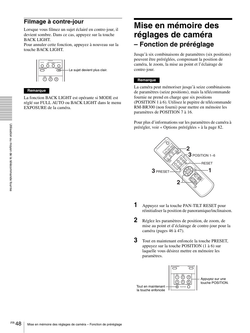 Filmage à contre-jour, Mise en mémoire des réglages de caméra, Fonction de préréglage | Remarque | Vaddio BRC-H900 Operating User Manual | Page 136 / 271