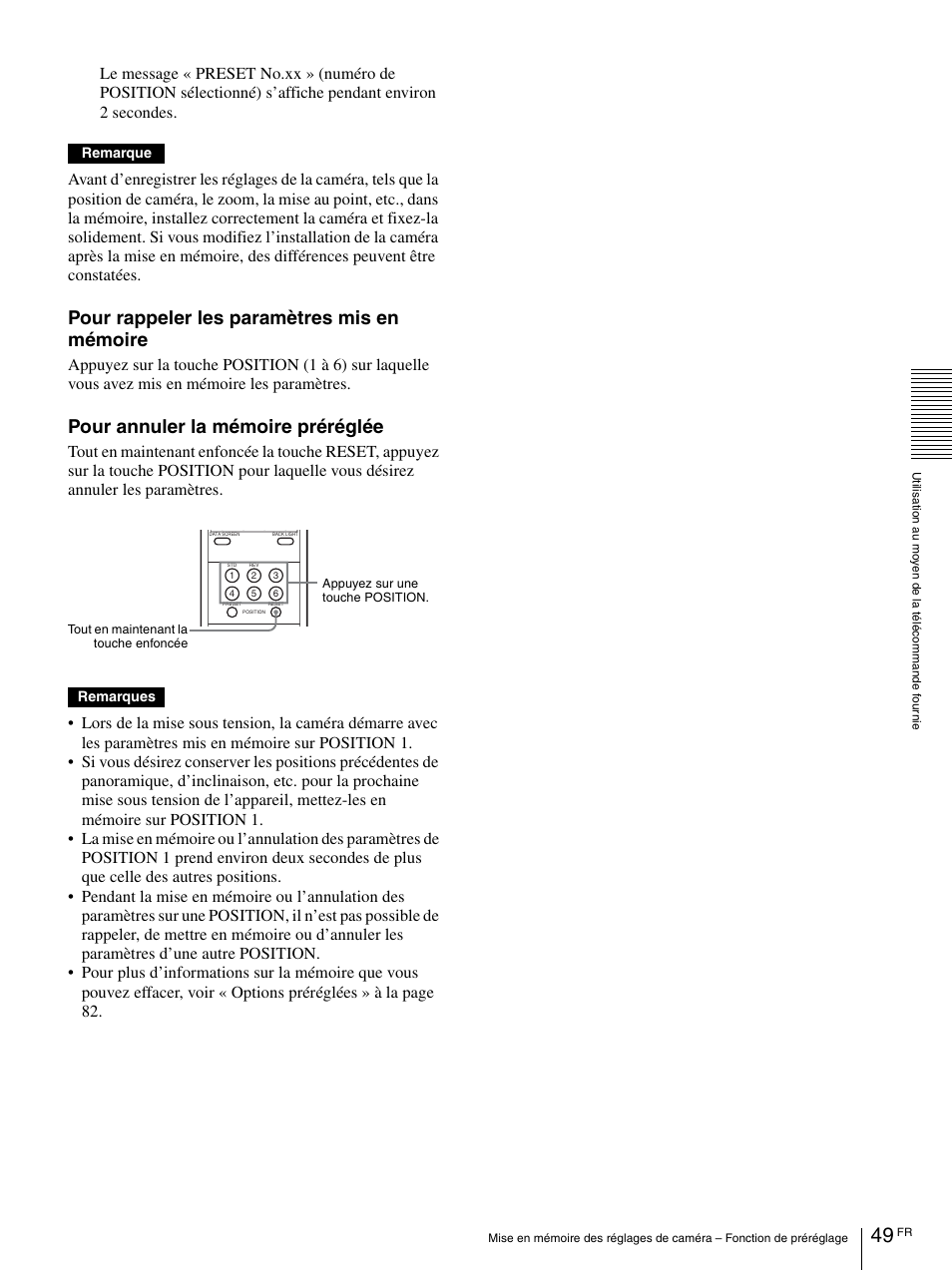 Pour rappeler les paramètres mis en mémoire, Pour annuler la mémoire préréglée | Vaddio BRC-H900 Operating User Manual | Page 137 / 271