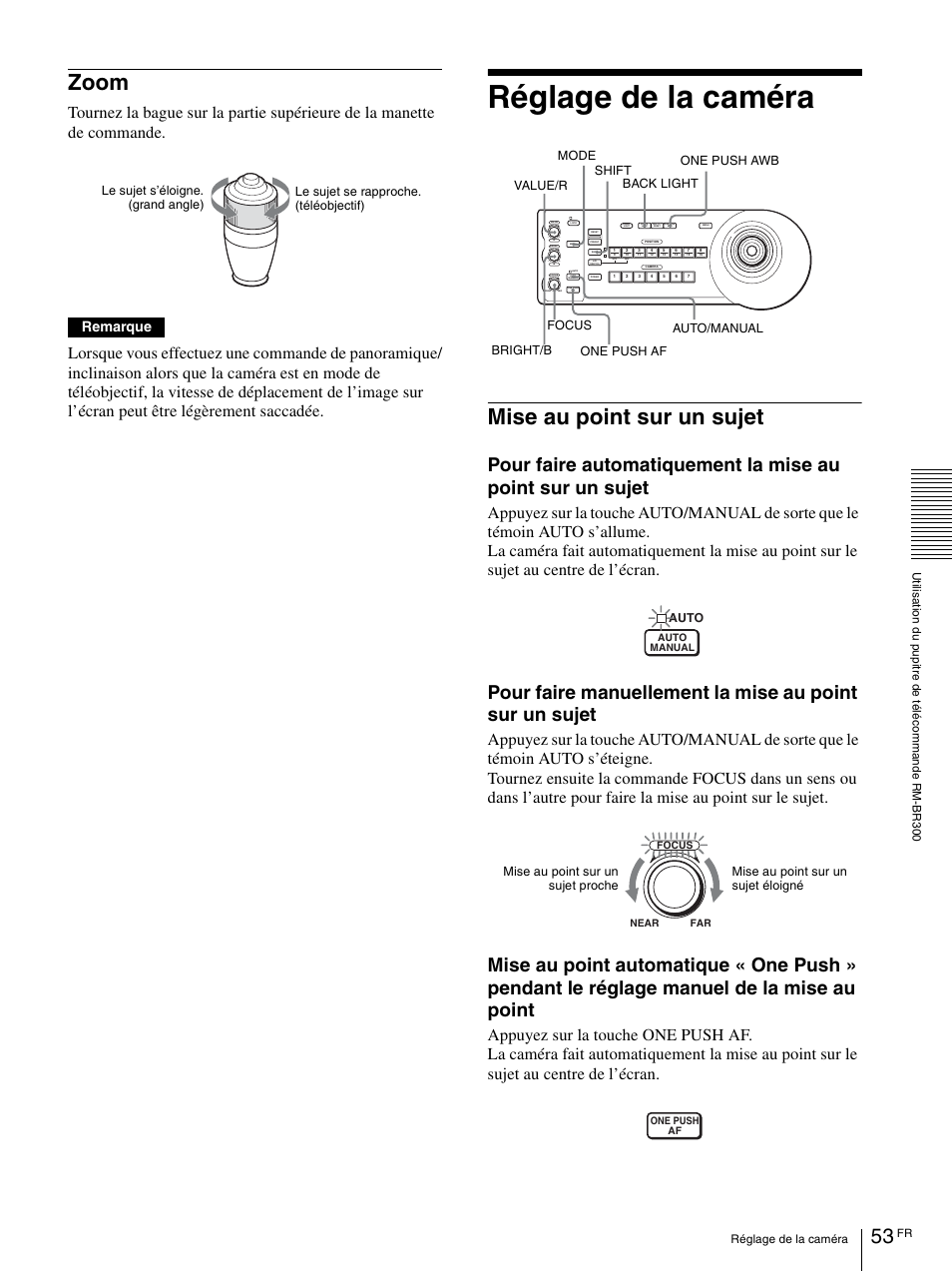 Zoom, Réglage de la caméra, Mise au point sur un sujet | Remarque | Vaddio BRC-H900 Operating User Manual | Page 141 / 271