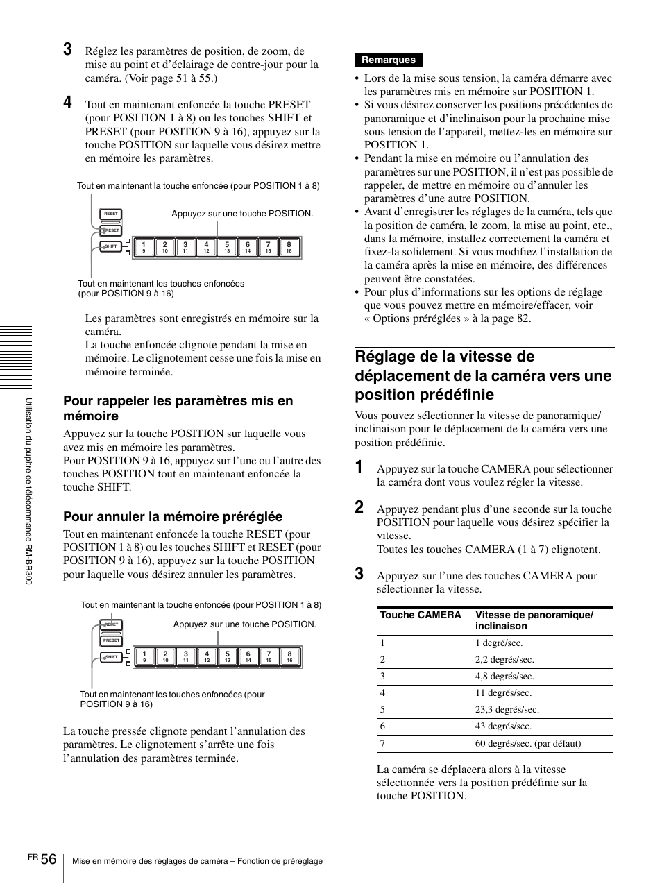 Réglage de la vitesse de déplacement de la caméra, Vers une position prédéfinie, Pour rappeler les paramètres mis en mémoire | Pour annuler la mémoire préréglée | Vaddio BRC-H900 Operating User Manual | Page 144 / 271