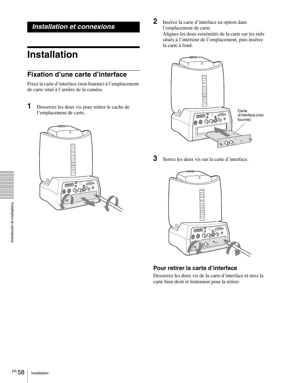 Installation et connexions, Installation, Fixation d’une carte d’interface | Vaddio BRC-H900 Operating User Manual | Page 146 / 271