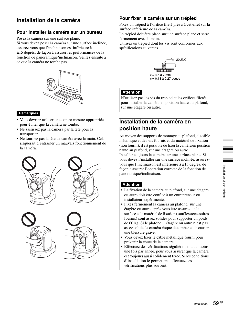 Installation de la caméra, Installation de la caméra en position haute, Pour installer la caméra sur un bureau | Pour fixer la caméra sur un trépied | Vaddio BRC-H900 Operating User Manual | Page 147 / 271
