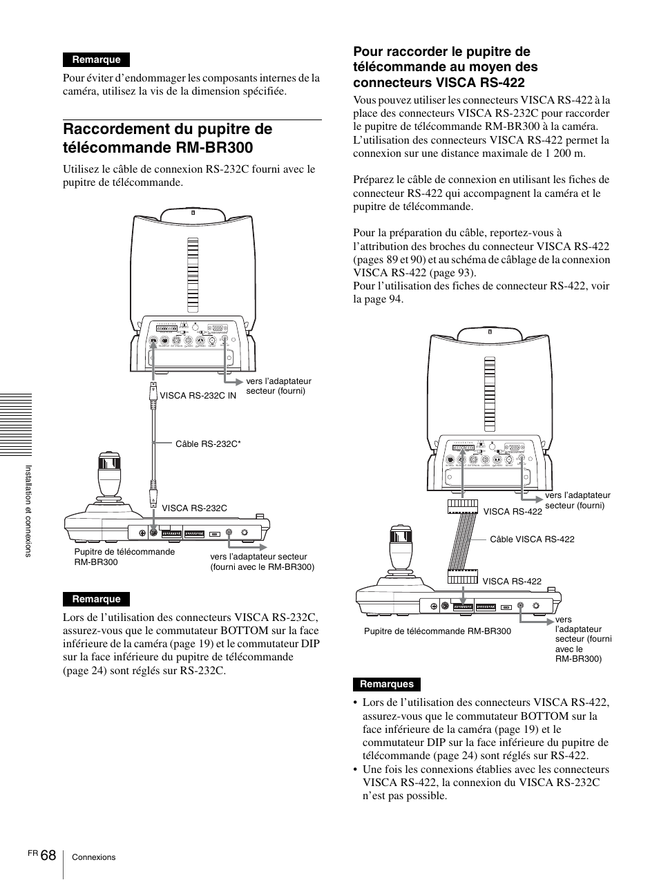 Raccordement du pupitre de télécommande rm-br300, Raccordement du pupitre de télécommande, Rm-br300 | Remarque, Remarques | Vaddio BRC-H900 Operating User Manual | Page 156 / 271