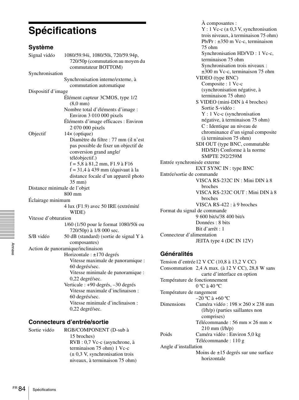 Spécifications | Vaddio BRC-H900 Operating User Manual | Page 172 / 271