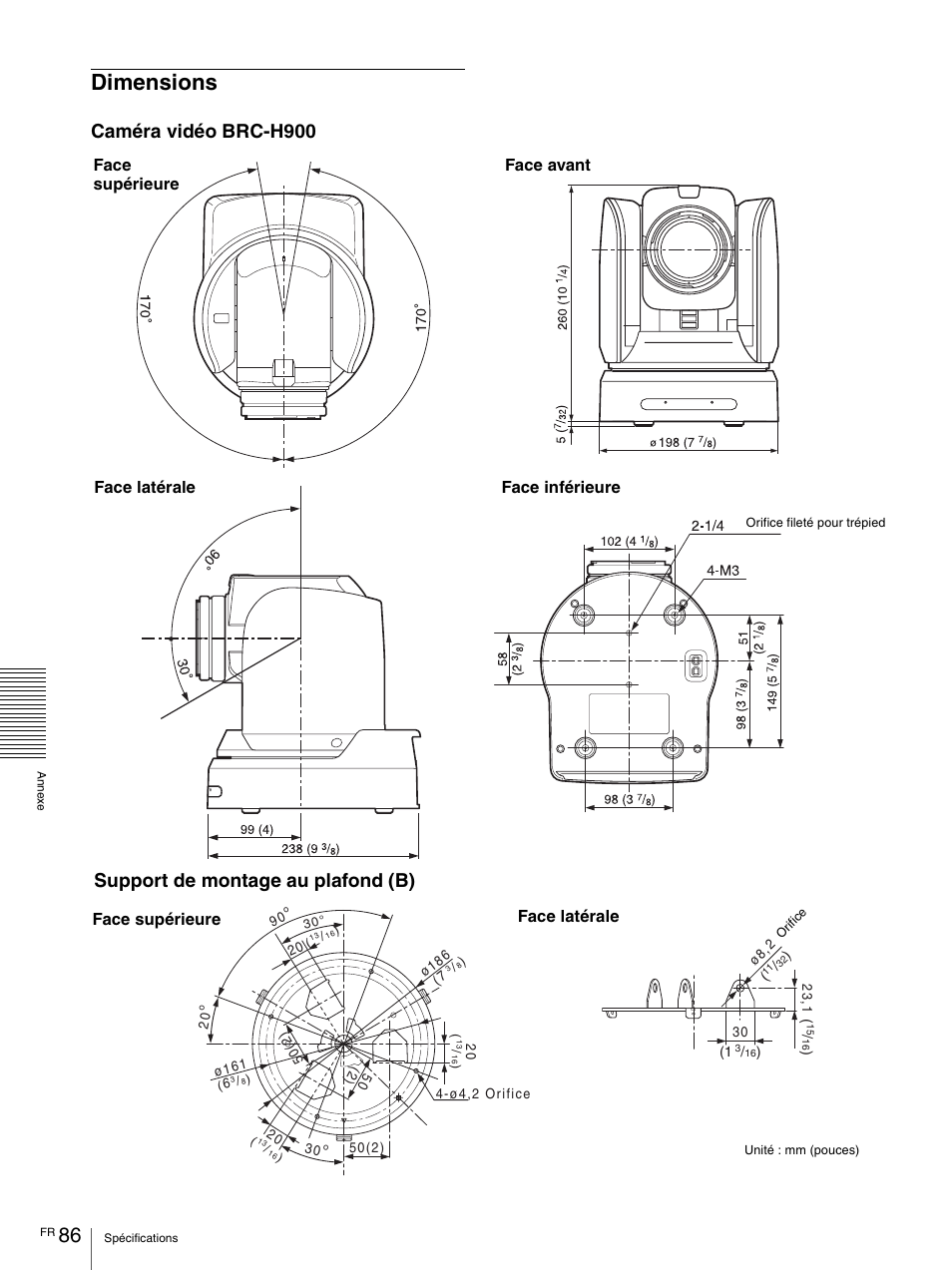 Dimensions, Caméra vidéo brc-h900, Support de montage au plafond (b) | Vaddio BRC-H900 Operating User Manual | Page 174 / 271