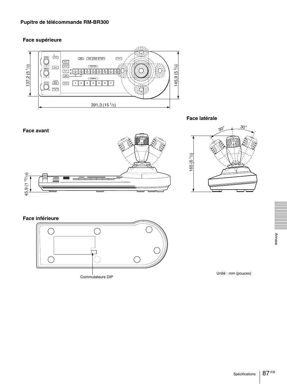 Pupitre de télécommande rm-br300, Unité : mm (pouces), Commutateurs dip | Vaddio BRC-H900 Operating User Manual | Page 175 / 271