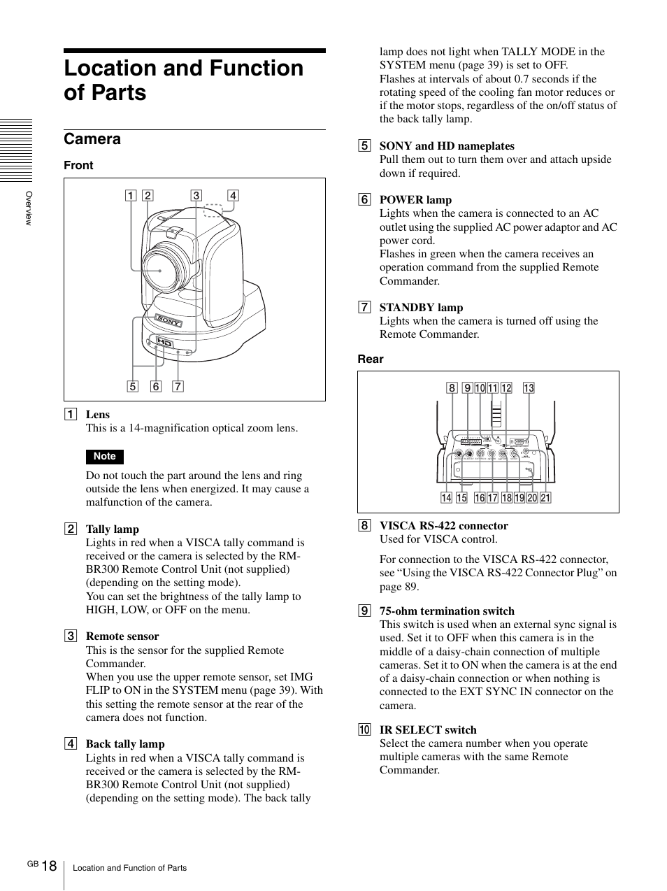 Location and function of parts, Camera | Vaddio BRC-H900 Operating User Manual | Page 18 / 271