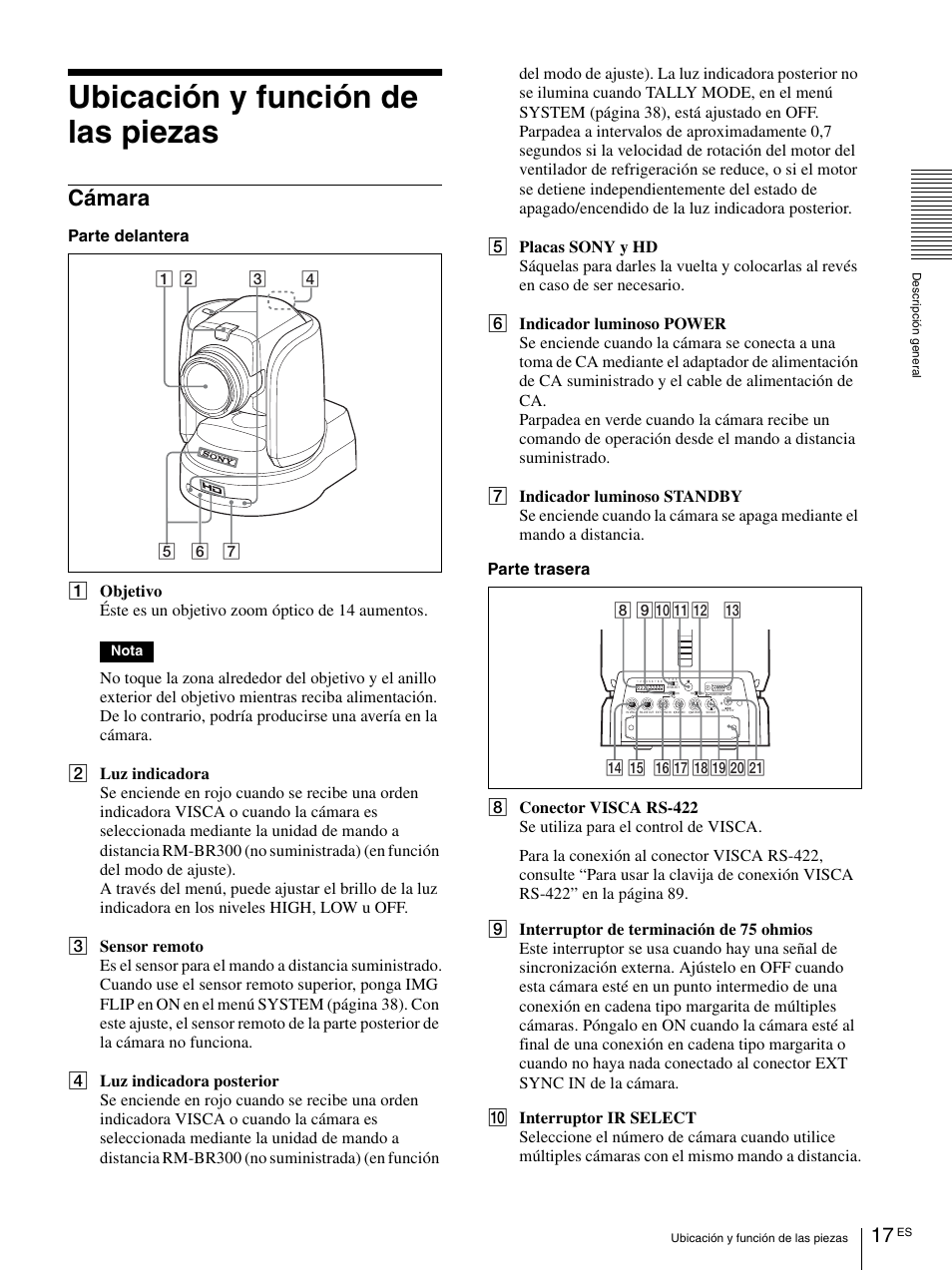 Ubicación y función de las piezas, Cámara | Vaddio BRC-H900 Operating User Manual | Page 199 / 271