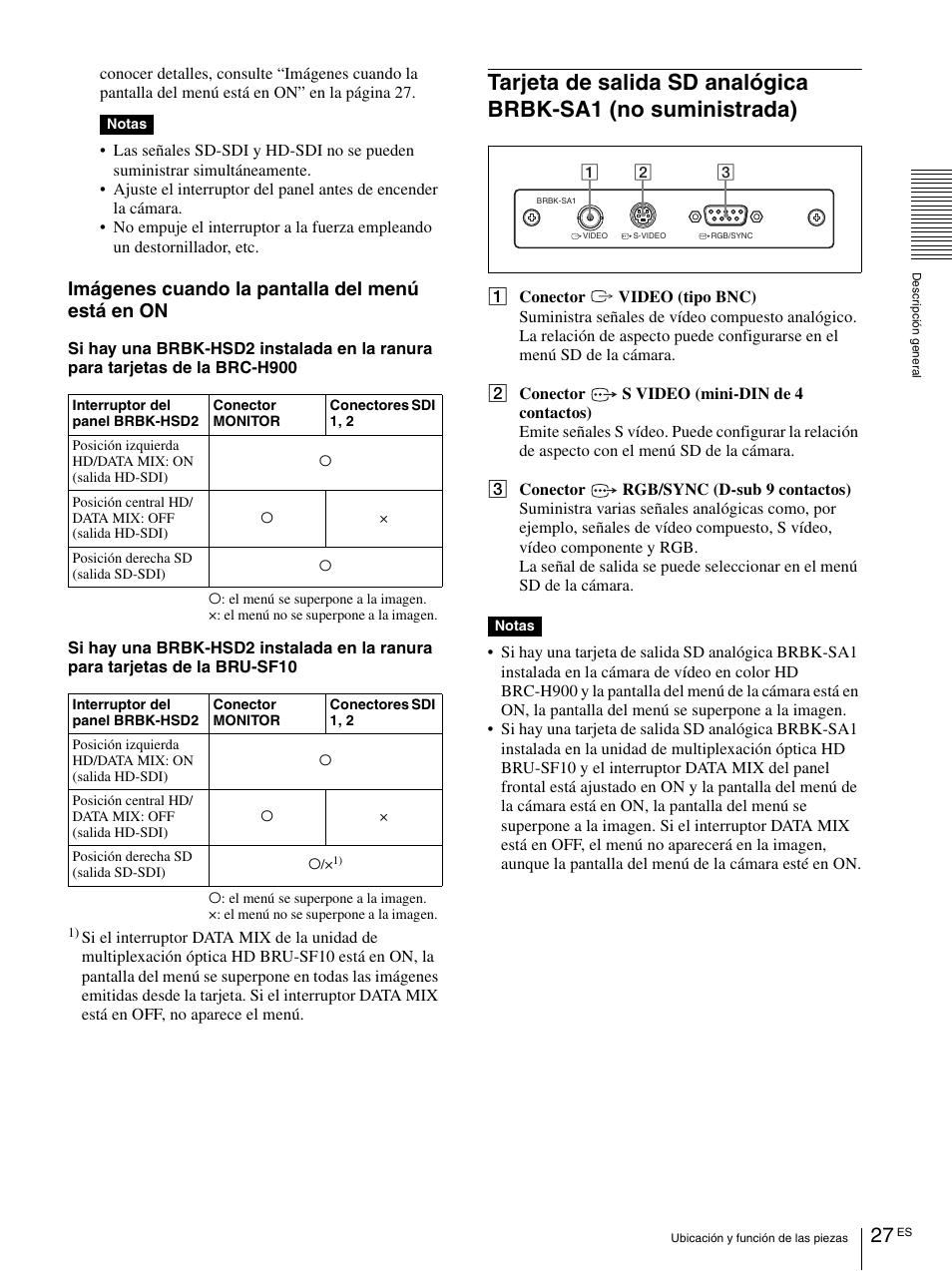 Tarjeta de salida sd analógica brbk-sa1, No suministrada), Imágenes cuando la pantalla del menú está en on | Vaddio BRC-H900 Operating User Manual | Page 209 / 271