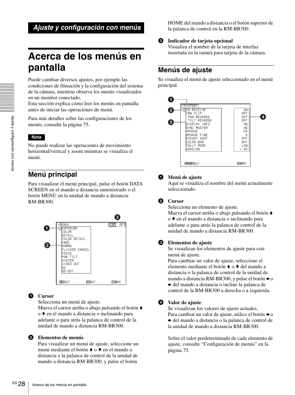 Ajuste y configuración con menús, Acerca de los menús en pantalla, Menú principal | Menús de ajuste, Menú principal menús de ajuste | Vaddio BRC-H900 Operating User Manual | Page 210 / 271