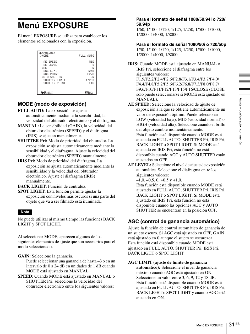 Menú exposure, Mode (modo de exposición), Agc (control de ganancia automático) | Vaddio BRC-H900 Operating User Manual | Page 213 / 271