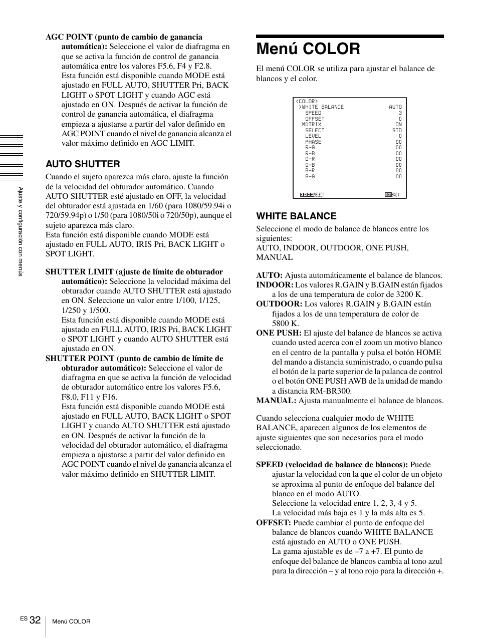 Menú color, Auto shutter, White balance | Vaddio BRC-H900 Operating User Manual | Page 214 / 271