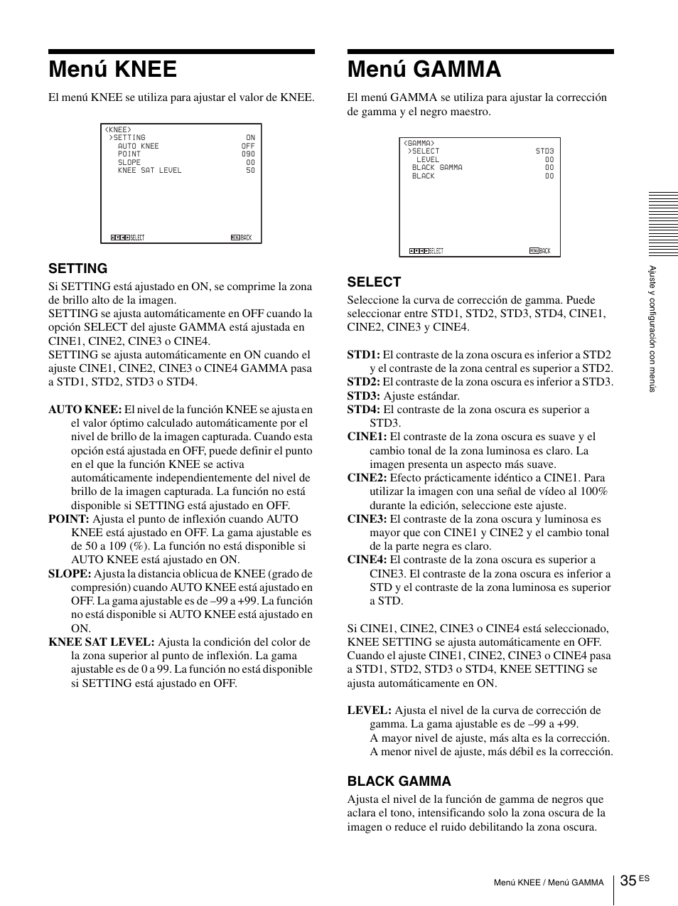 Menú knee, Menú gamma, Setting | Select, Black gamma | Vaddio BRC-H900 Operating User Manual | Page 217 / 271