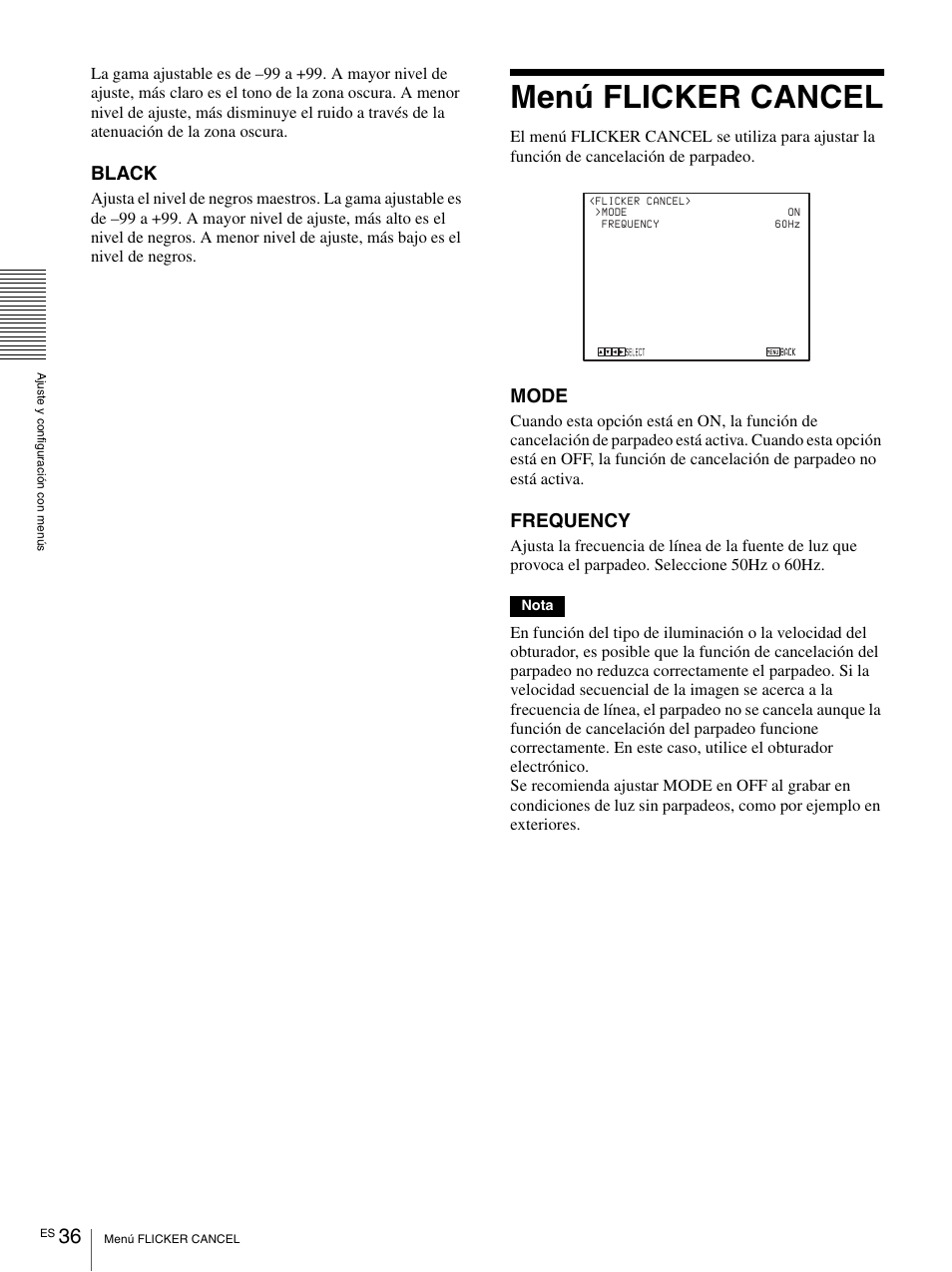 Menú flicker cancel, Black, Mode | Frequency | Vaddio BRC-H900 Operating User Manual | Page 218 / 271