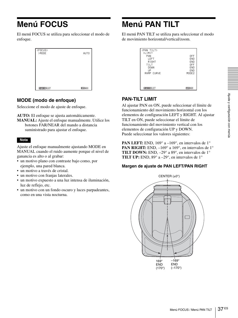 Menú focus, Menú pan tilt, Mode (modo de enfoque) | Pan-tilt limit | Vaddio BRC-H900 Operating User Manual | Page 219 / 271